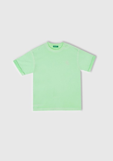  Erkek Çocuk Açık Yeşil Soluk Efektli Logo İşlemeli Oversize T-Shirt