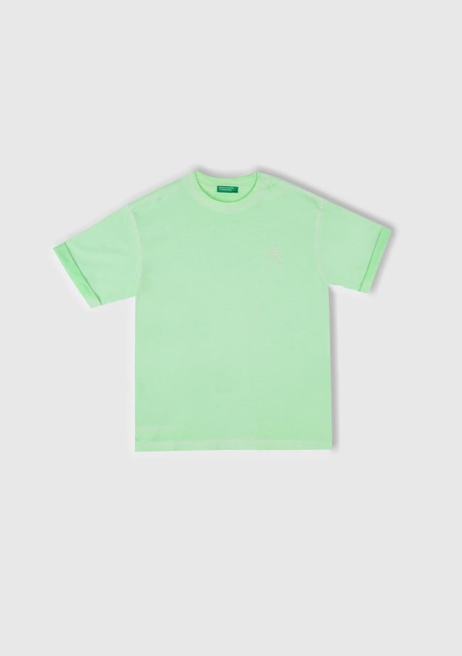  Erkek Çocuk Açık Yeşil Soluk Efektli Logo İşlemeli Oversize T-Shirt