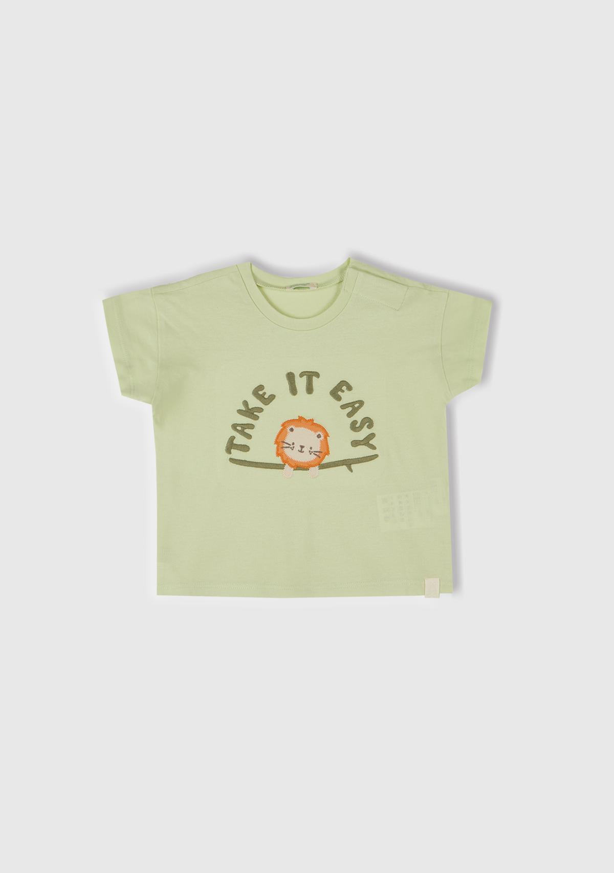  Bebek Su Yeşili Aplikeli ve Baskılı Bisiklet Yaka T-Shirt