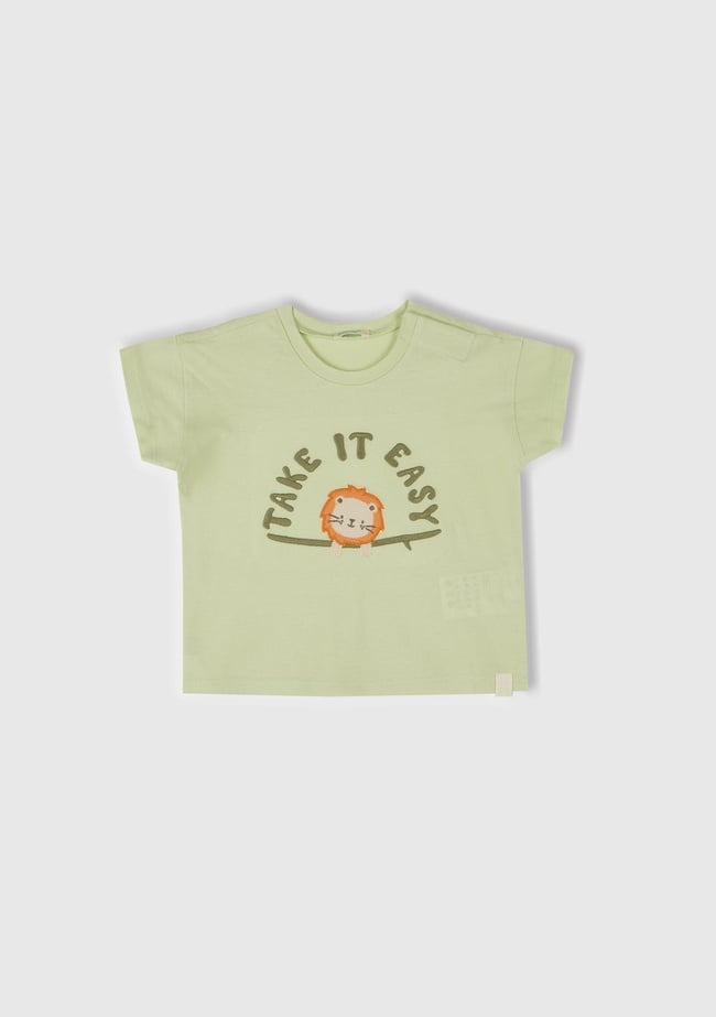  Bebek Su Yeşili Aplikeli ve Baskılı Bisiklet Yaka T-Shirt