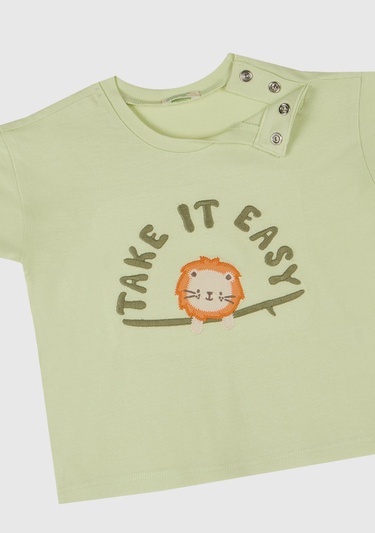  Bebek Su Yeşili Aplikeli ve Baskılı Bisiklet Yaka T-Shirt