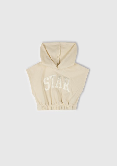  Kız Çocuk Ekru Önü Aplikeli Nakış Detaylı Kolsuz Kapüşonlu Sweatshirt