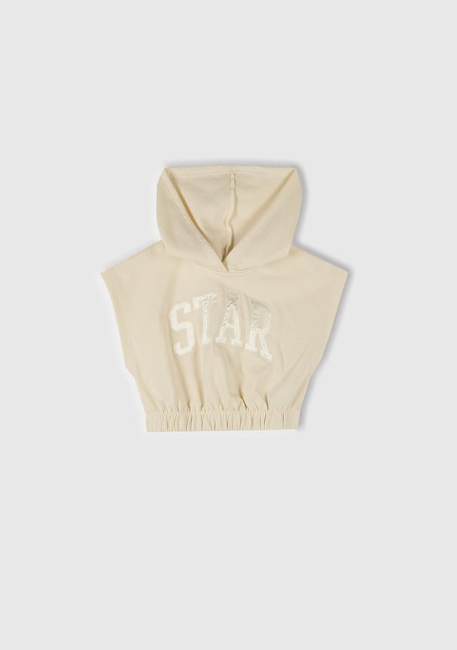  Kız Çocuk Ekru Önü Aplikeli Nakış Detaylı Kolsuz Kapüşonlu Sweatshirt