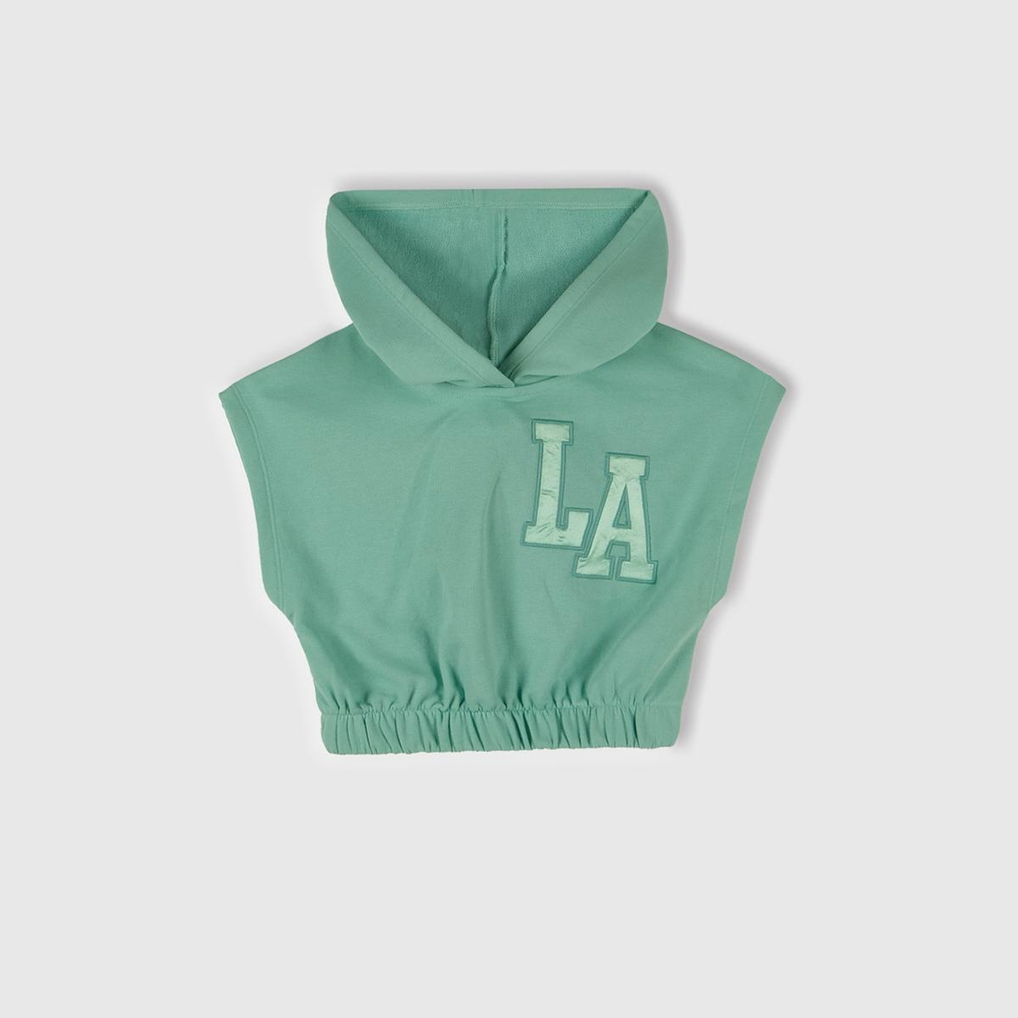 Kız Çocuk Su Yeşili Önü Aplikeli Nakış Detaylı Kolsuz Kapüşonlu Sweatshirt