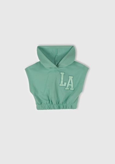  Kız Çocuk Su Yeşili Önü Aplikeli Nakış Detaylı Kolsuz Kapüşonlu Sweatshirt