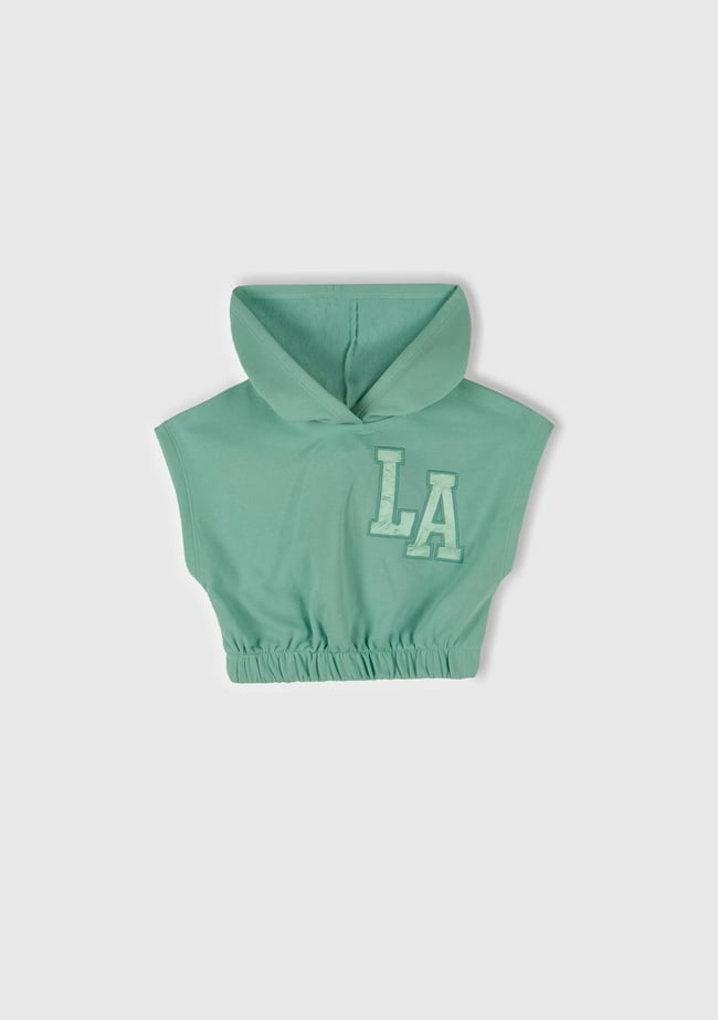  Kız Çocuk Su Yeşili Önü Aplikeli Nakış Detaylı Kolsuz Kapüşonlu Sweatshirt