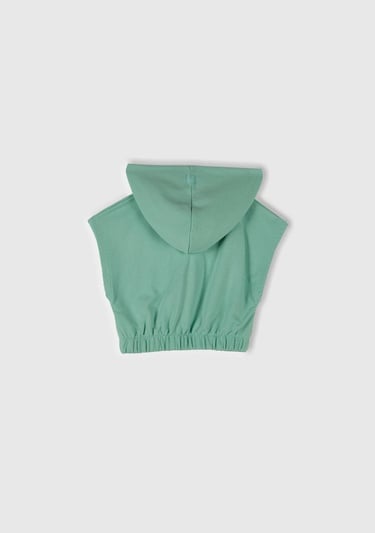  Kız Çocuk Su Yeşili Önü Aplikeli Nakış Detaylı Kolsuz Kapüşonlu Sweatshirt