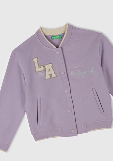  Kız Çocuk Lila İşlemeli Baskılı Çıtçıt Düğmeli Bomber Ceket