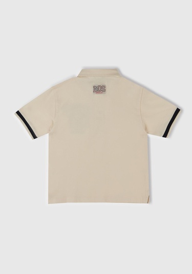  Erkek Çocuk Ekru Baskılı Dokuma Manşetli Polo T-Shirt