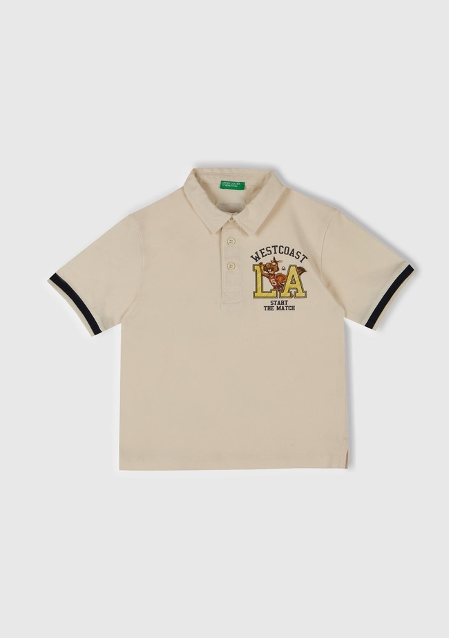  Erkek Çocuk Ekru Baskılı Dokuma Manşetli Polo T-Shirt
