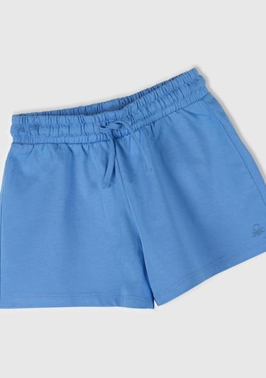  Kız Çocuk Mavi Logo İşlemeli Beli İpli Şort