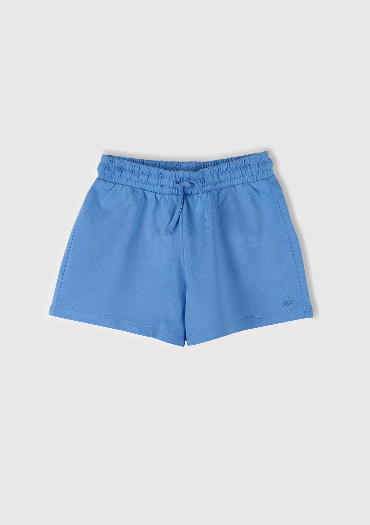  Kız Çocuk Mavi Logo İşlemeli Beli İpli Şort