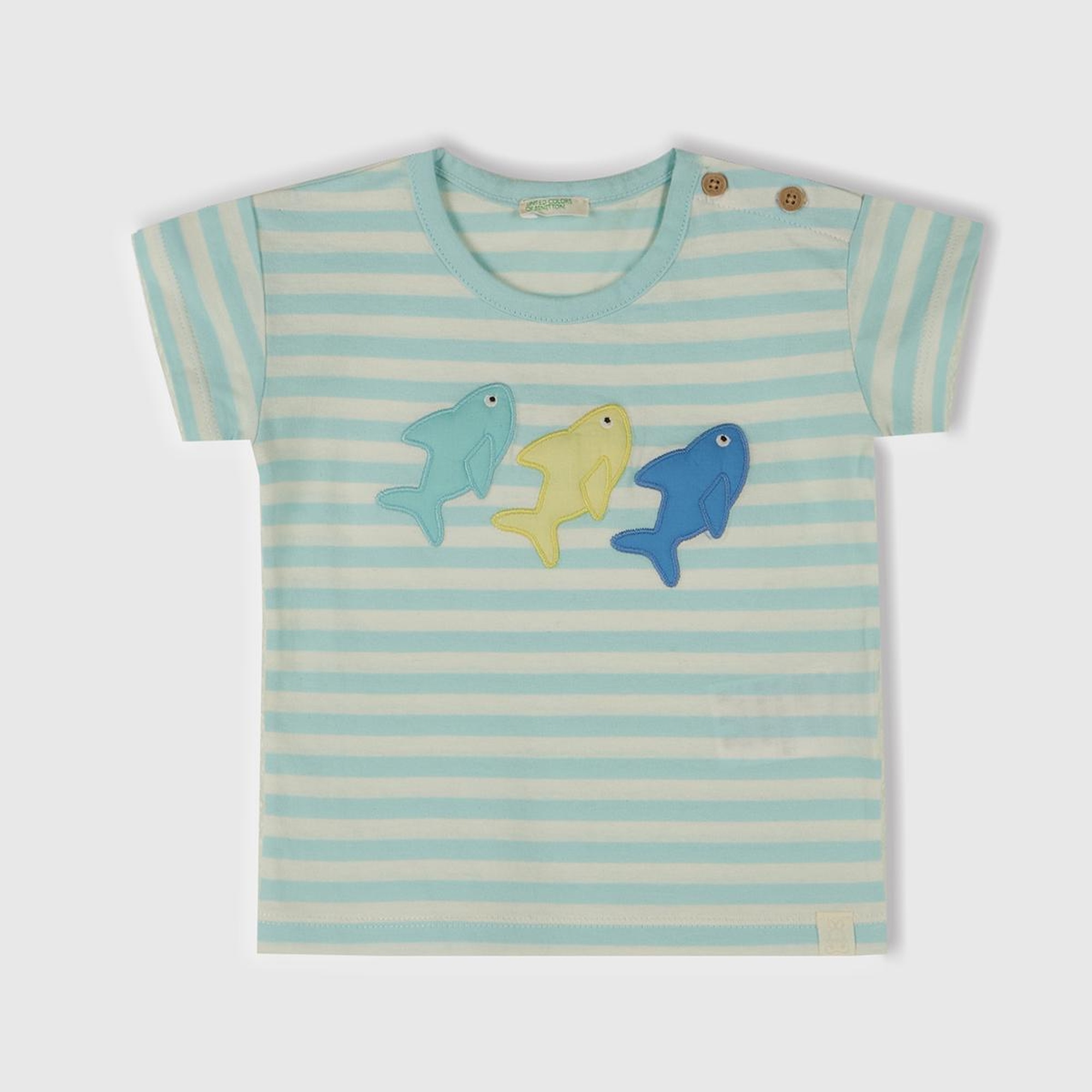 Bebek Toz Mavi Çizgili Önü Baskılı Omzu Logo Düğmeli T-Shirt