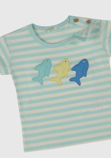  Bebek Toz Mavi Çizgili Önü Baskılı Omzu Logo Düğmeli T-Shirt