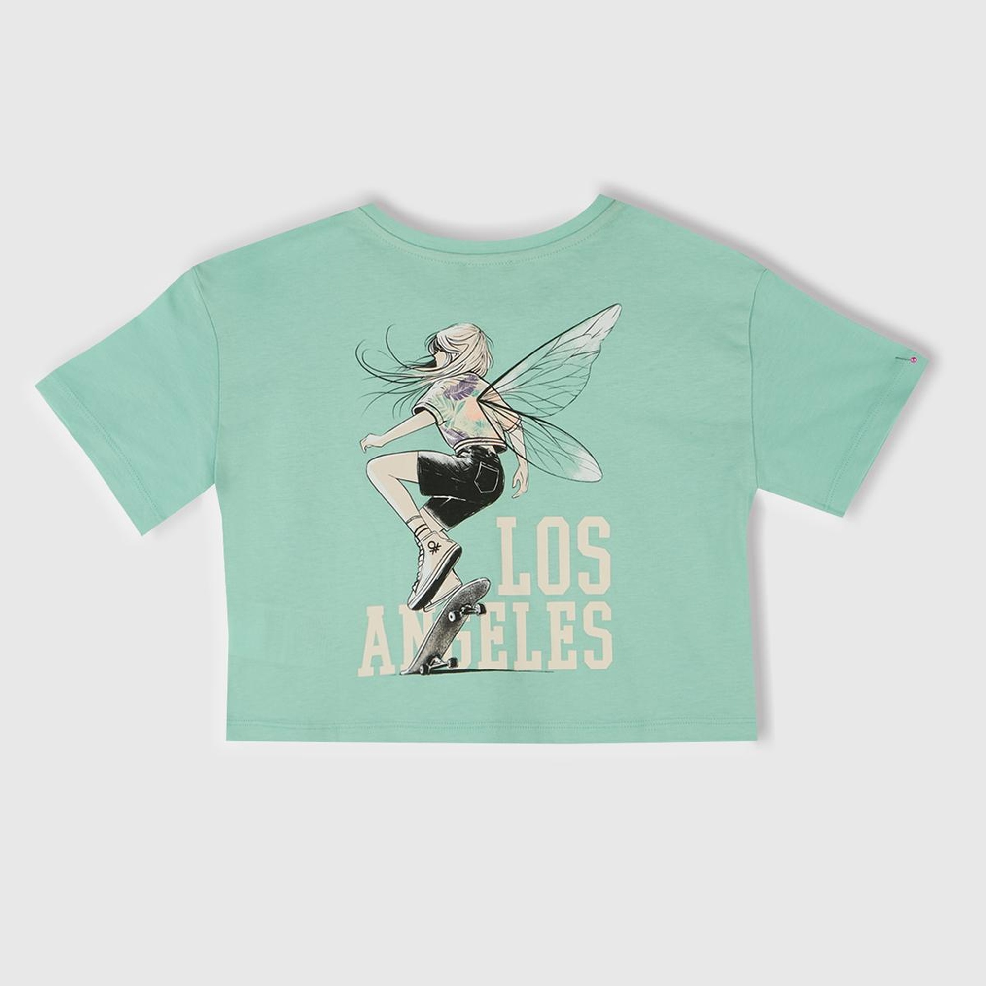 Kız Çocuk Su Yeşili Arkası Baskılı Yama Cepli T-Shirt