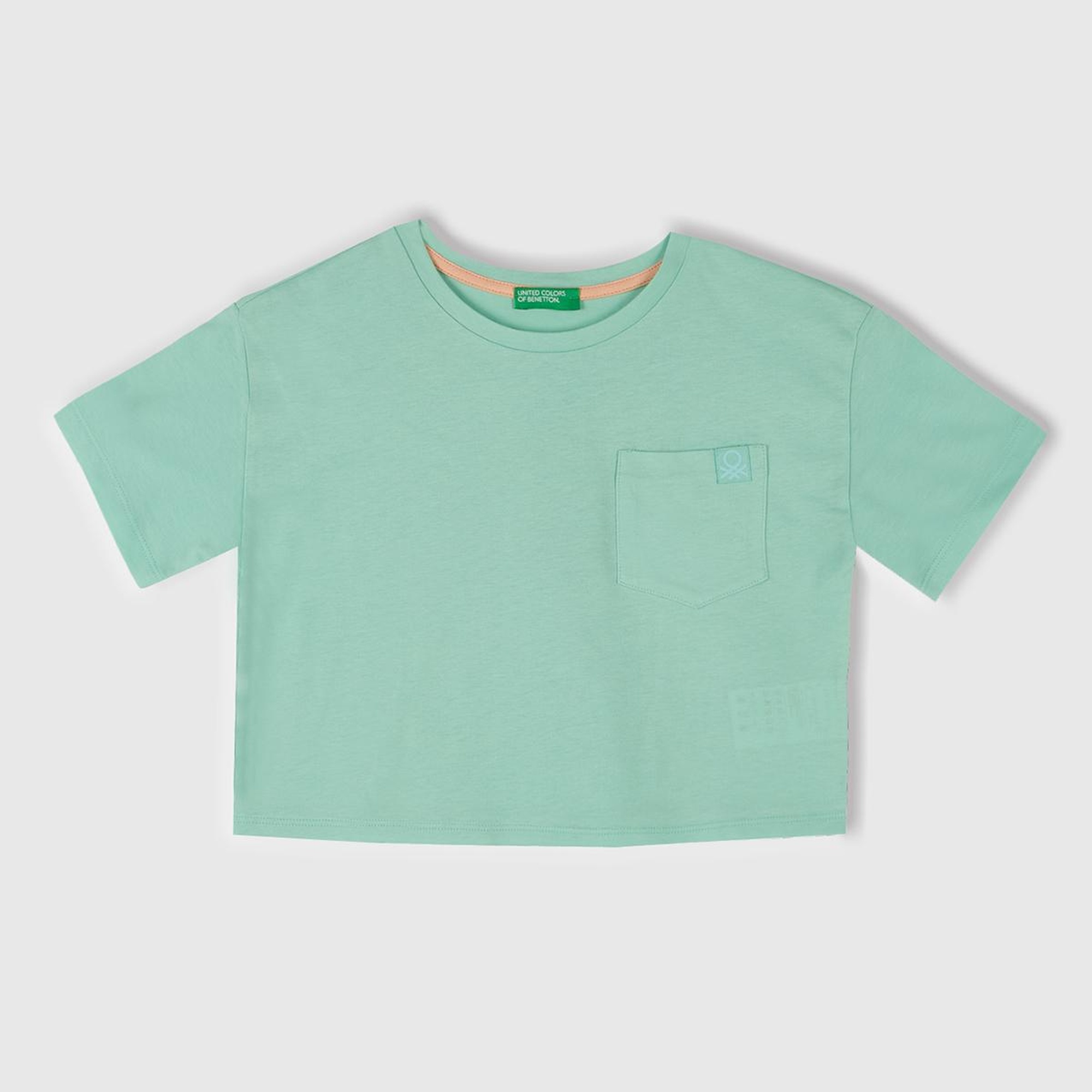 Kız Çocuk Su Yeşili Arkası Baskılı Yama Cepli T-Shirt