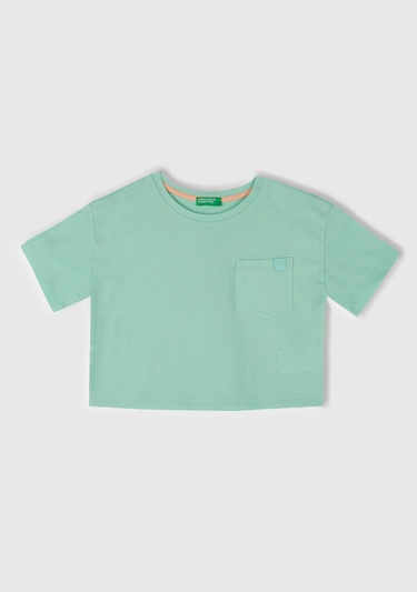  Kız Çocuk Su Yeşili Arkası Baskılı Yama Cepli T-Shirt