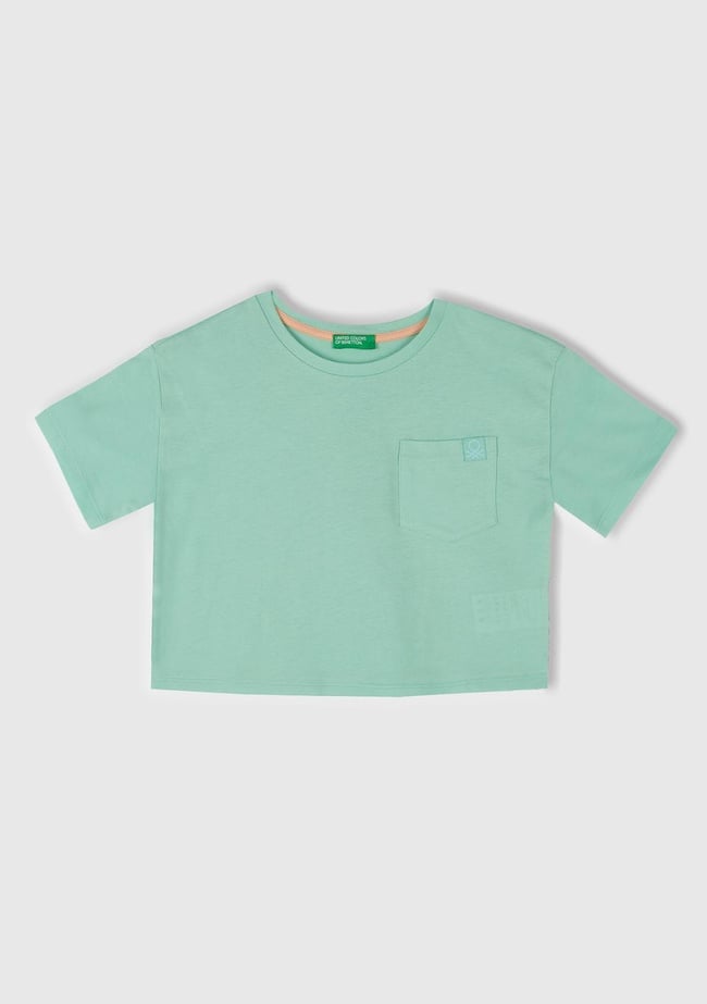  Kız Çocuk Su Yeşili Arkası Baskılı Yama Cepli T-Shirt