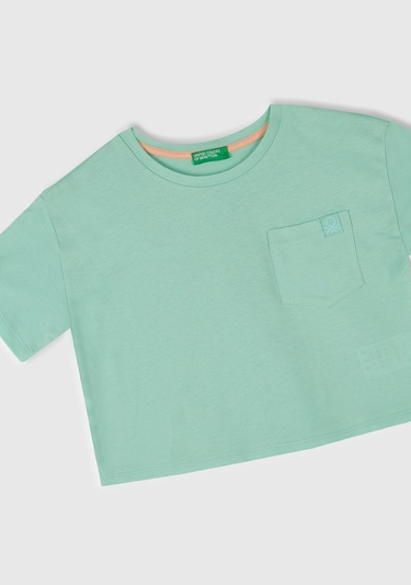  Kız Çocuk Su Yeşili Arkası Baskılı Yama Cepli T-Shirt