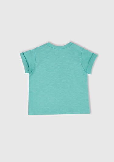  Bebek Su Yeşili Önü Baskılı Omzu Çıtçıtlı Manşet Detaylı T-Shirt