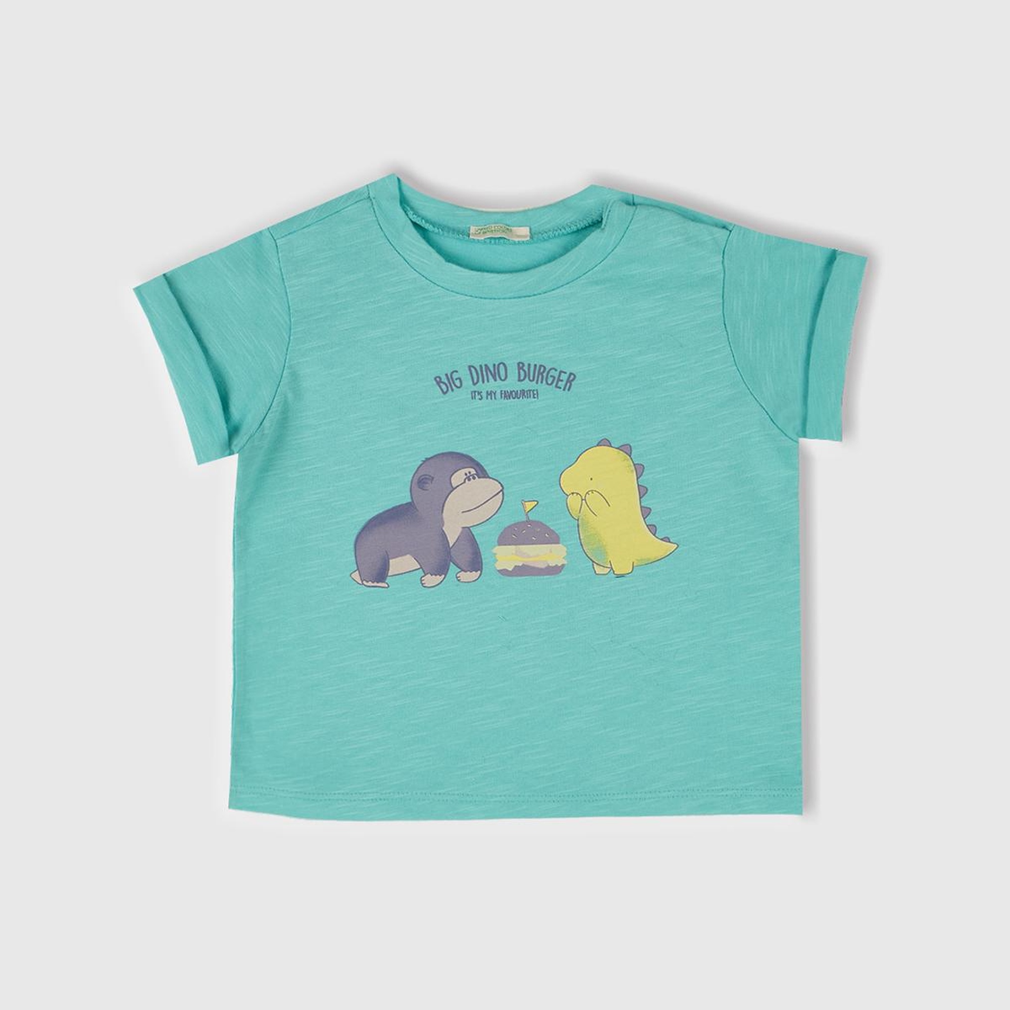 Bebek Su Yeşili Önü Baskılı Omzu Çıtçıtlı Manşet Detaylı T-Shirt