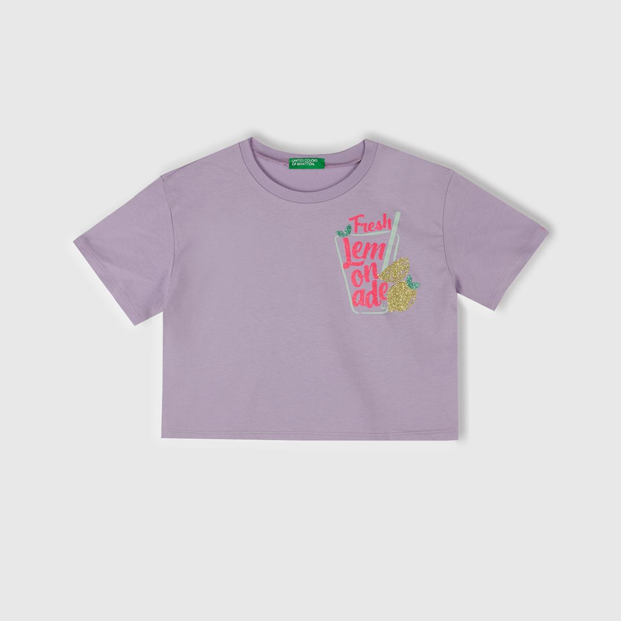 Kız Çocuk Lila Parlak Baskılı Bisiklet Yaka T-Shirt