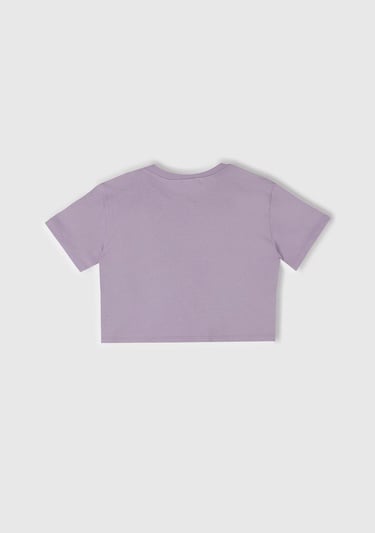  Kız Çocuk Lila Parlak Baskılı Bisiklet Yaka T-Shirt