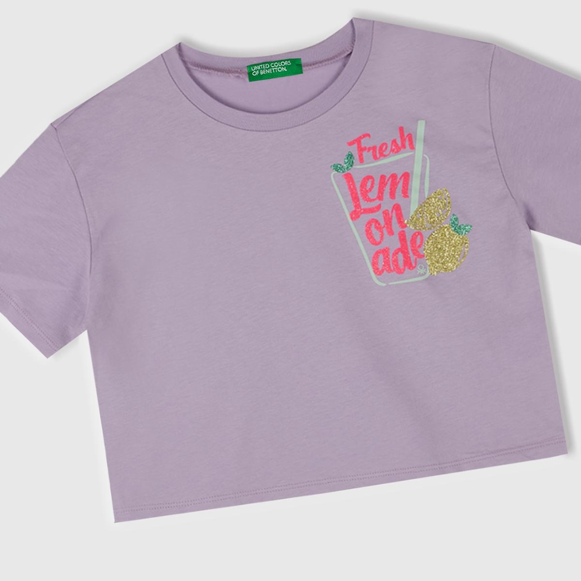 Kız Çocuk Lila Parlak Baskılı Bisiklet Yaka T-Shirt