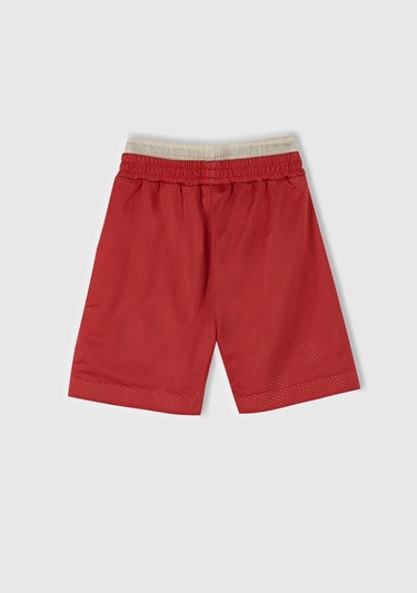  Erkek Çocuk Kırmızı File Kumaşlı Çift Bel Bantlı Oversize Basketbol Şortu