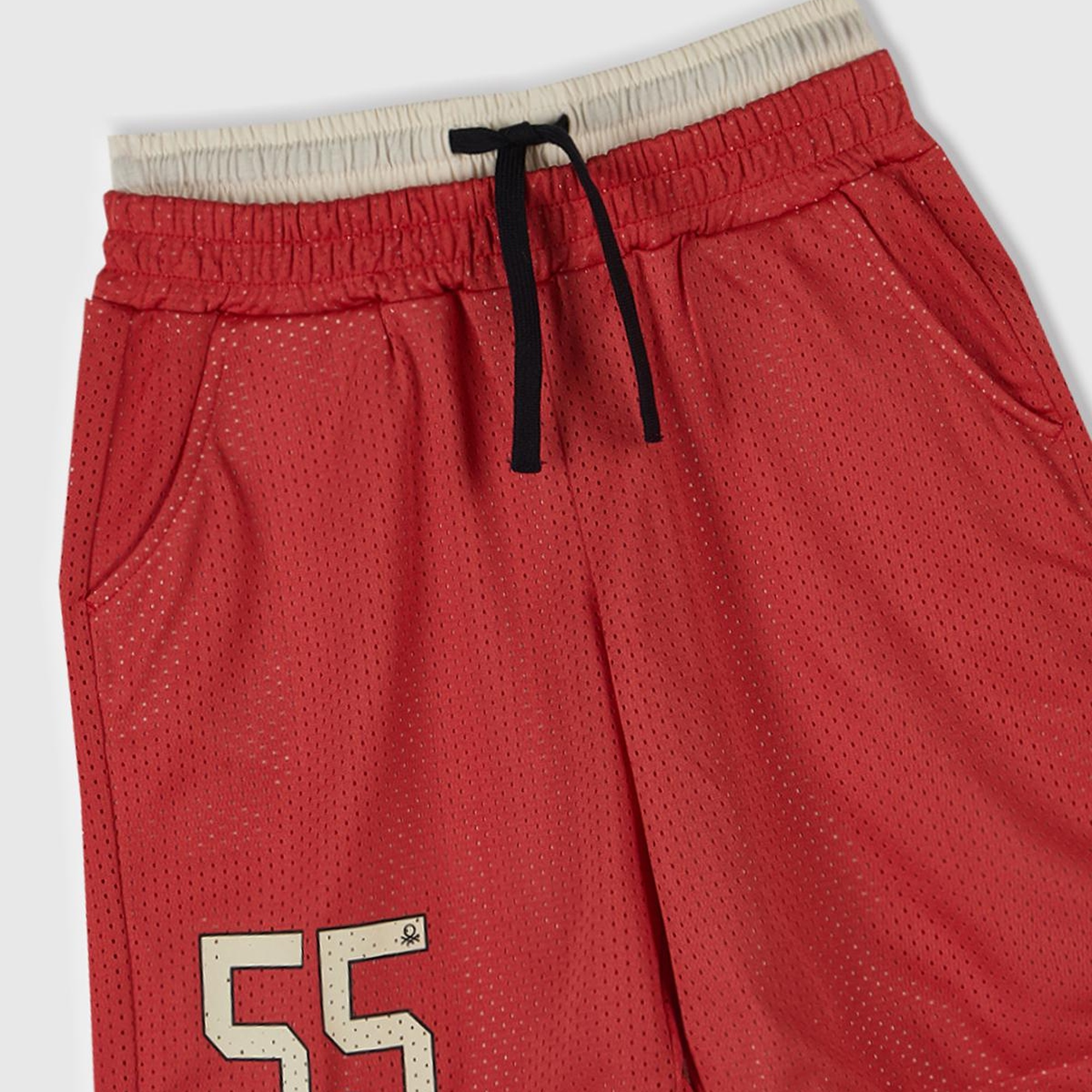 Erkek Çocuk Kırmızı File Kumaşlı Çift Bel Bantlı Oversize Basketbol Şortu