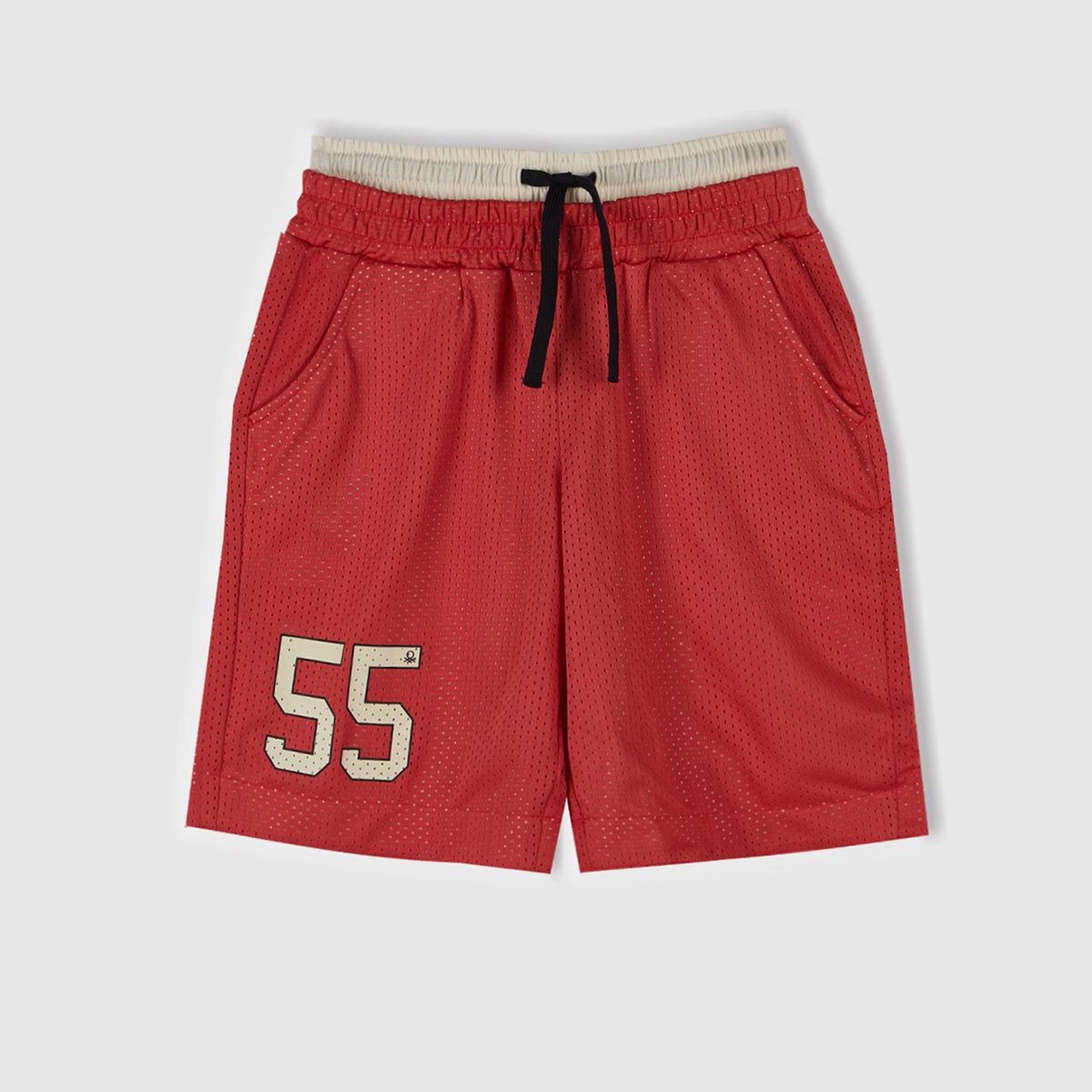 Erkek Çocuk Kırmızı File Kumaşlı Çift Bel Bantlı Oversize Basketbol Şortu