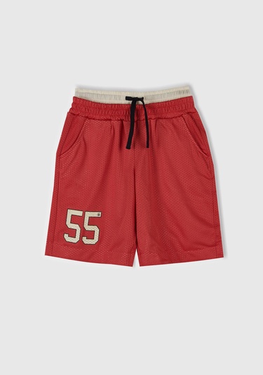  Erkek Çocuk Kırmızı File Kumaşlı Çift Bel Bantlı Oversize Basketbol Şortu