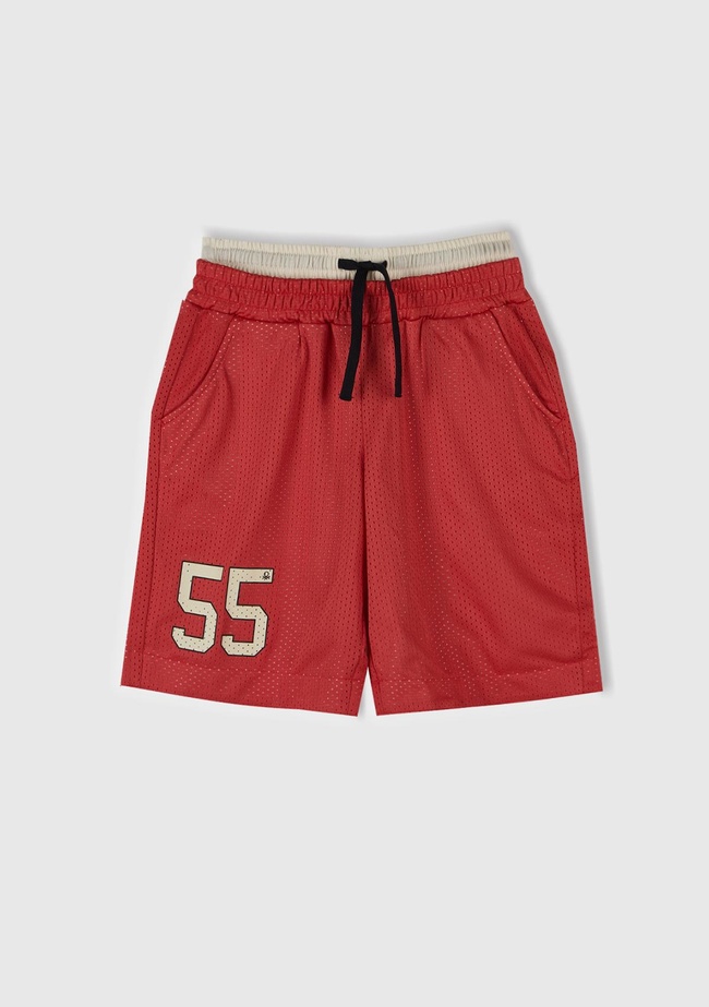  Erkek Çocuk Kırmızı File Kumaşlı Çift Bel Bantlı Oversize Basketbol Şortu