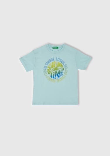  Erkek Çocuk Turkuaz Slogan Baskılı T-Shirt