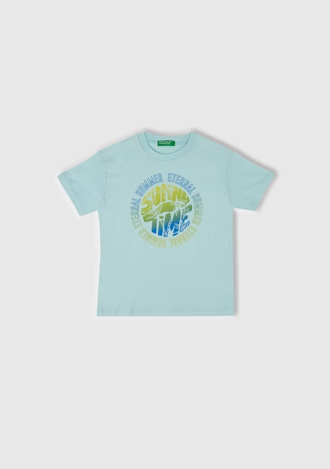  Erkek Çocuk Turkuaz Slogan Baskılı T-Shirt