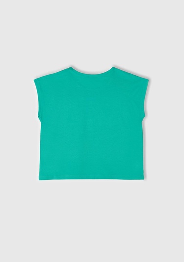  Kız Çocuk Yeşil Baskılı Payet İşleme Detaylı T-Shirt