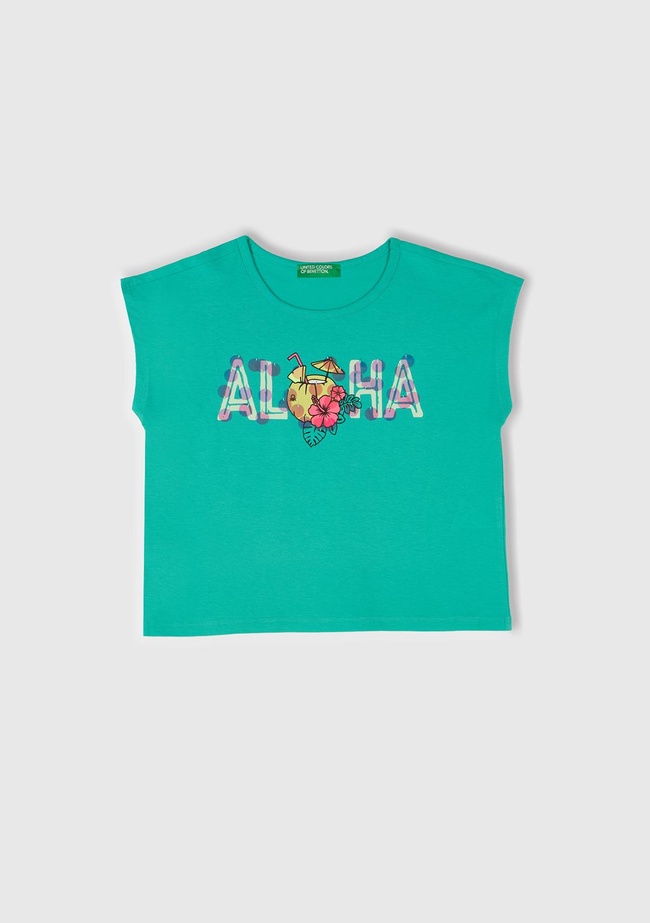  Kız Çocuk Yeşil Baskılı Payet İşleme Detaylı T-Shirt