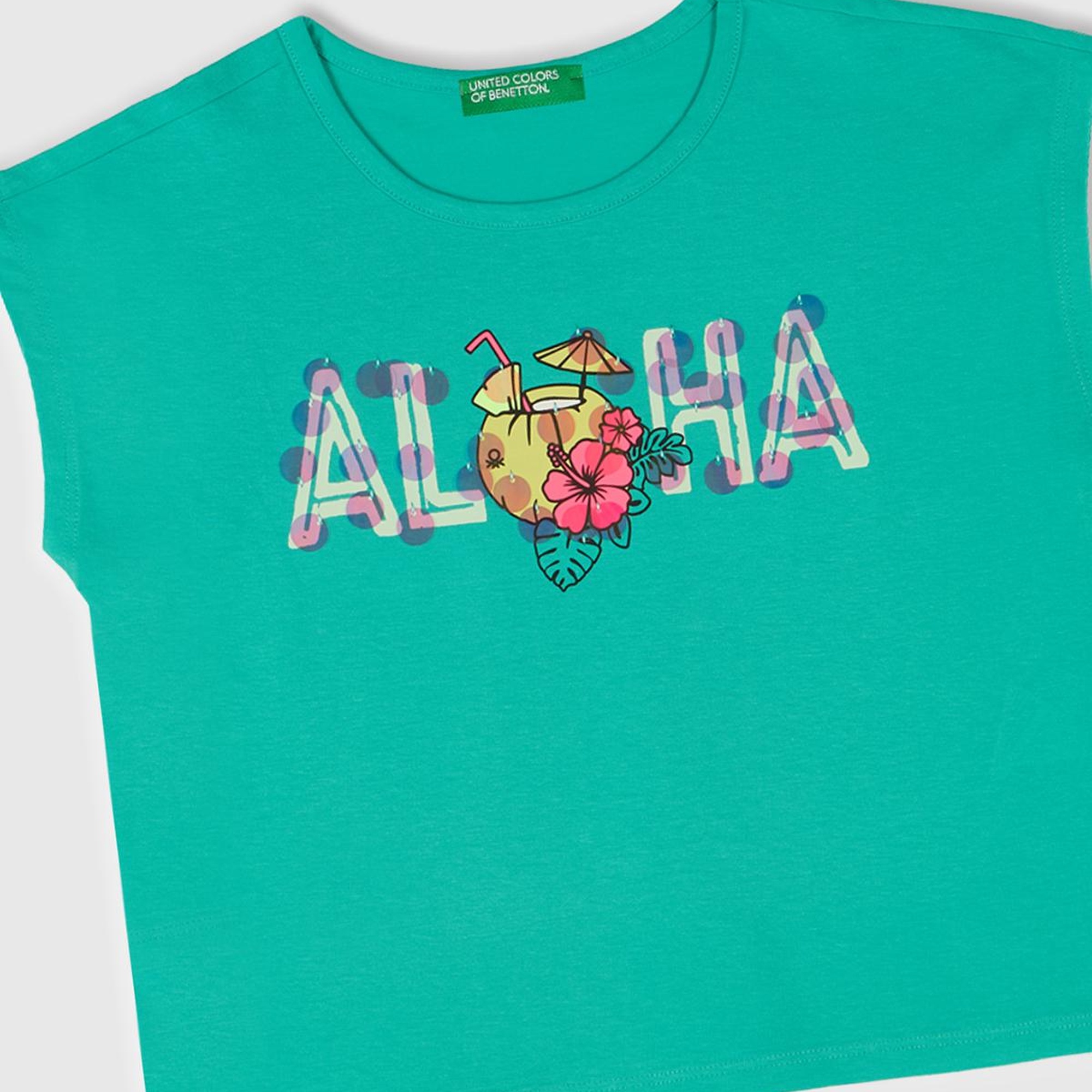 Kız Çocuk Yeşil Baskılı Payet İşleme Detaylı T-Shirt