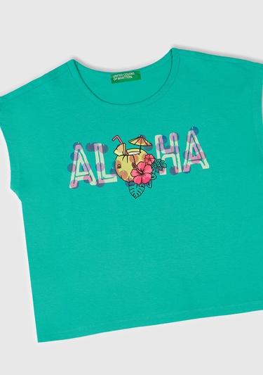  Kız Çocuk Yeşil Baskılı Payet İşleme Detaylı T-Shirt
