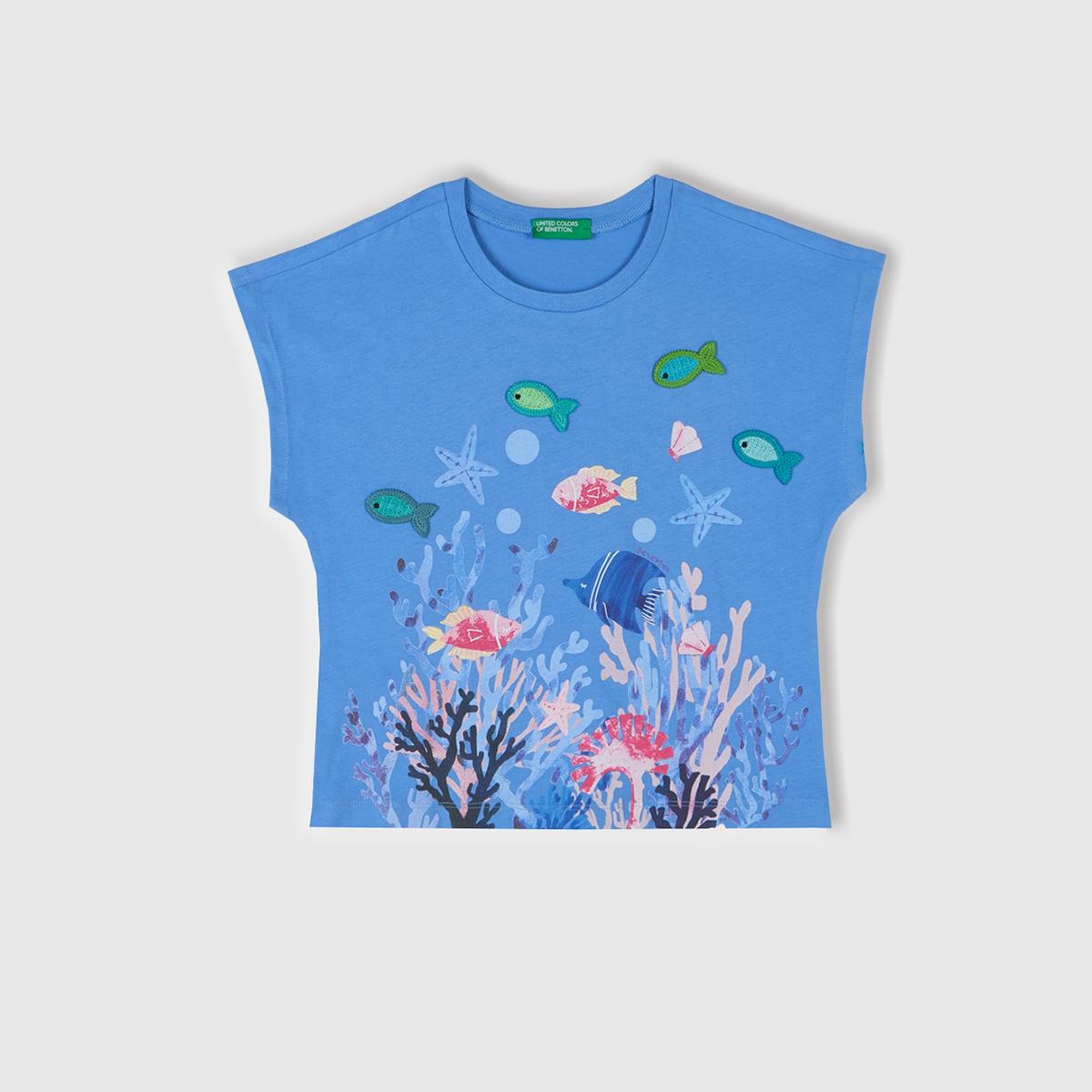 Kız Çocuk Mavi Kroşe Detaylı Kimono Kollu T-Shirt