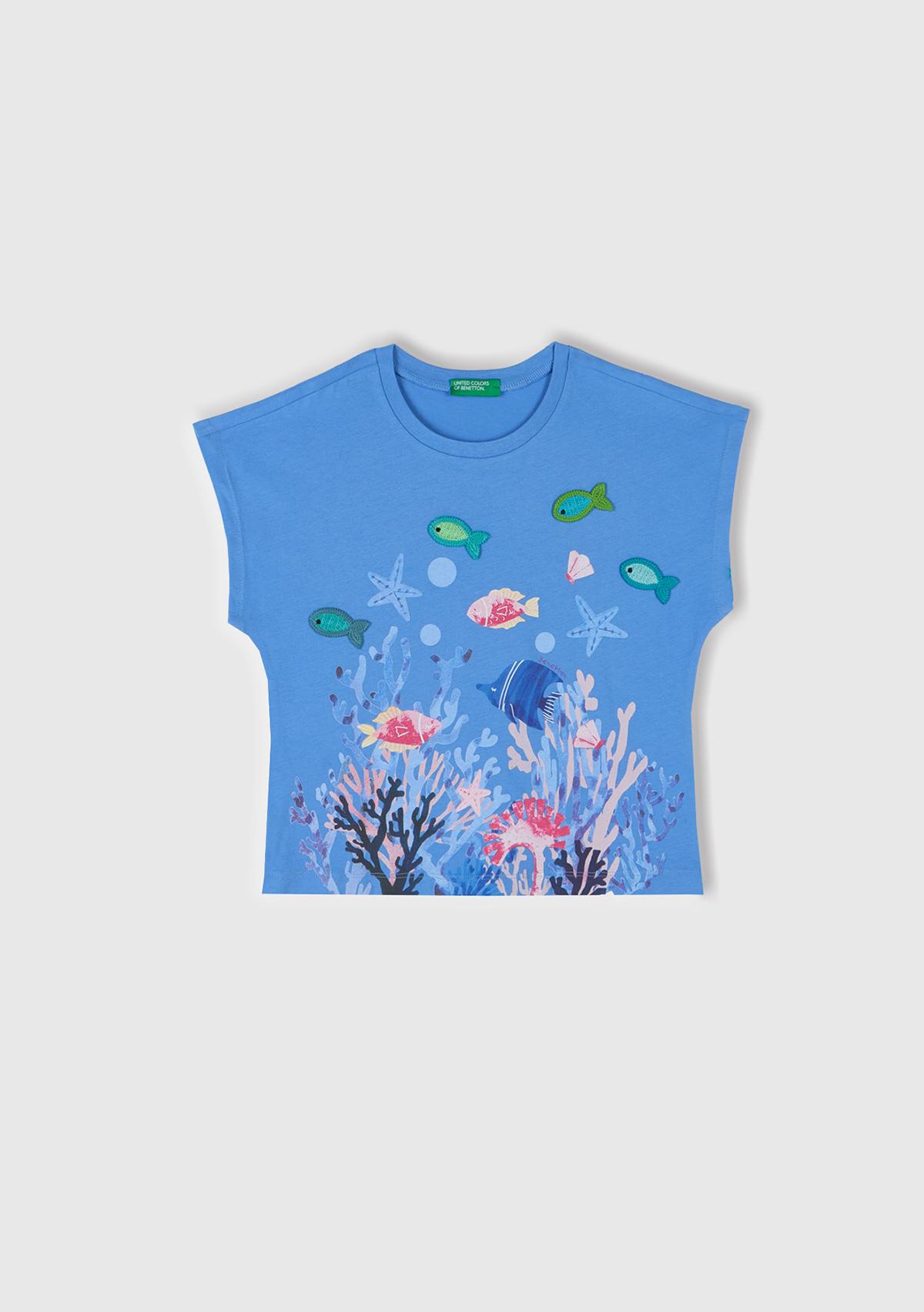  Kız Çocuk Mavi Kroşe Detaylı Kimono Kollu T-Shirt