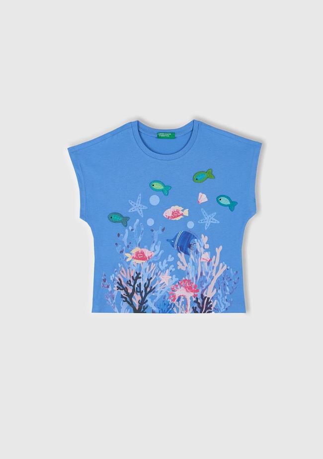  Kız Çocuk Mavi Kroşe Detaylı Kimono Kollu T-Shirt