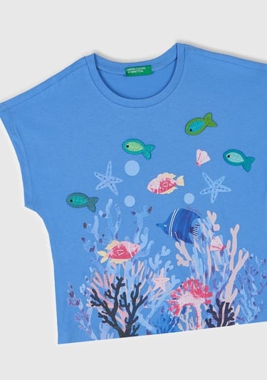  Kız Çocuk Mavi Kroşe Detaylı Kimono Kollu T-Shirt