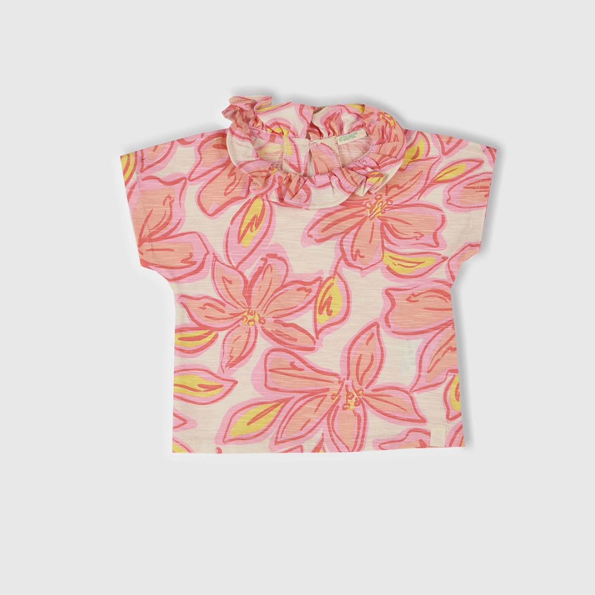 Bebek Yavruağzı Tamamı Desenli Yakası Fırfırlı Kimono Kol T-Shirt