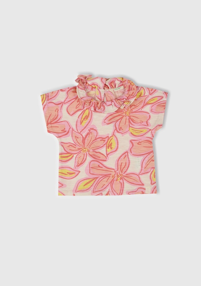  Bebek Yavruağzı Tamamı Desenli Yakası Fırfırlı Kimono Kol T-Shirt