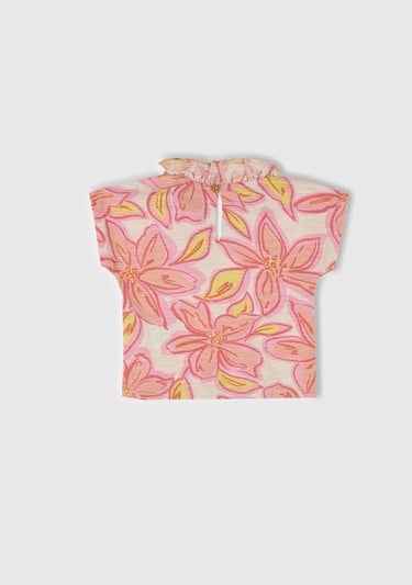  Bebek Yavruağzı Tamamı Desenli Yakası Fırfırlı Kimono Kol T-Shirt