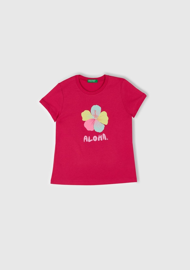  Kız Çocuk Fuşya Simli Grafik Baskılı T-Shirt