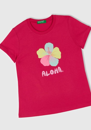  Kız Çocuk Fuşya Simli Grafik Baskılı T-Shirt