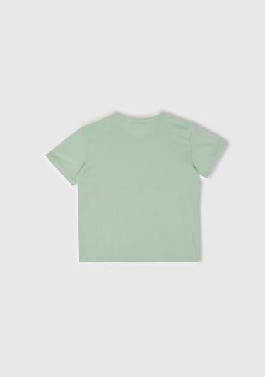  Kız Çocuk Su Yeşili Önü Baskılı Tül Aplikli Yırtmaçlı T-Shirt