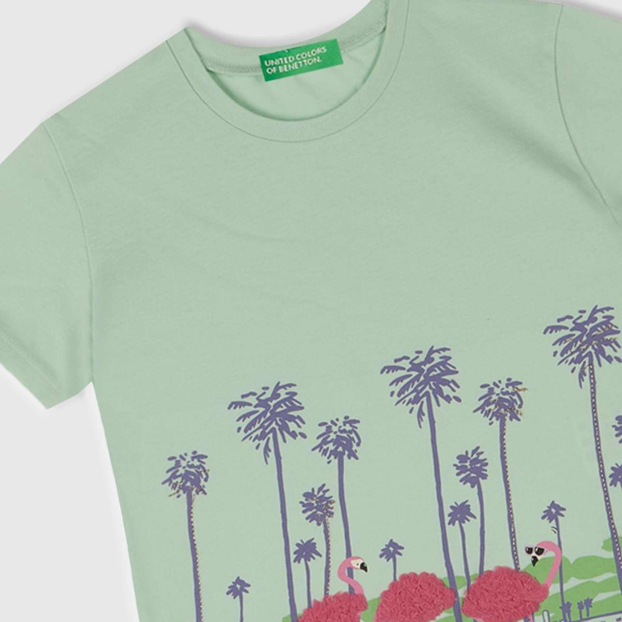 Kız Çocuk Su Yeşili Önü Baskılı Tül Aplikli Yırtmaçlı T-Shirt